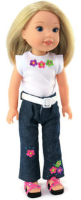 White Flowered Top, White Belt & Jeans for Wellie Wishers Dolls 