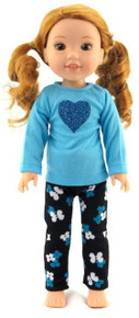 Blue Top with Heart & Black Flowered Leggings for Wellie Wisher Dolls
