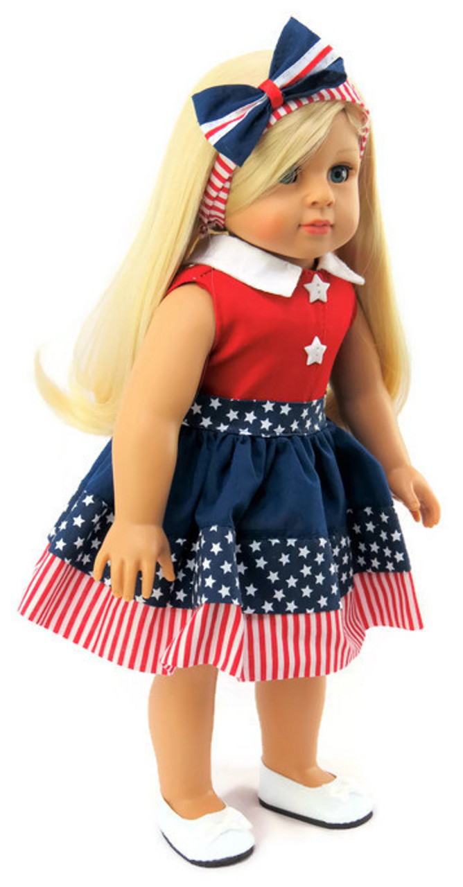 Patriotic Red White /& Blue Dress /& Headband fits 18/" American Girl Doll Clothes