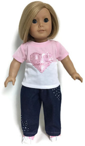 Pink & White Short Sleeved Knit Top with Sequined Heart & Jeans