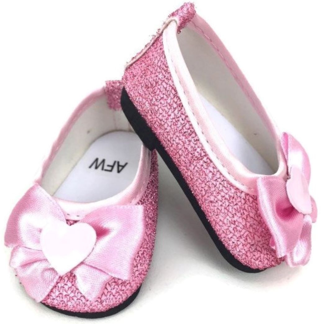 Glitter Dress Shoes with Bow & Heart Accent-Pink - Dori's Doll Boutique
