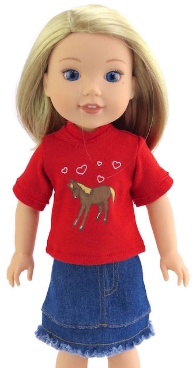Red Horse Jean Skirt Outfit Fits Wellie Wishers 14.5" American Girl Clothes 