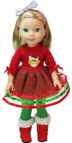Red Santa Dress, Green Leggings & Silver Hair Bow for Wellie Wishers Dolls 