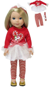 Candy Cane Dress, Red and White Leggings & Hair Bow for Wellie Wishers Dolls 