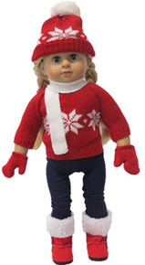 Red Winter Sweater, Denim Leggings, Hat, Scarf & Mittens