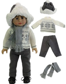 Cream Winter Sweater, Gray Pants, Hat & Scarf