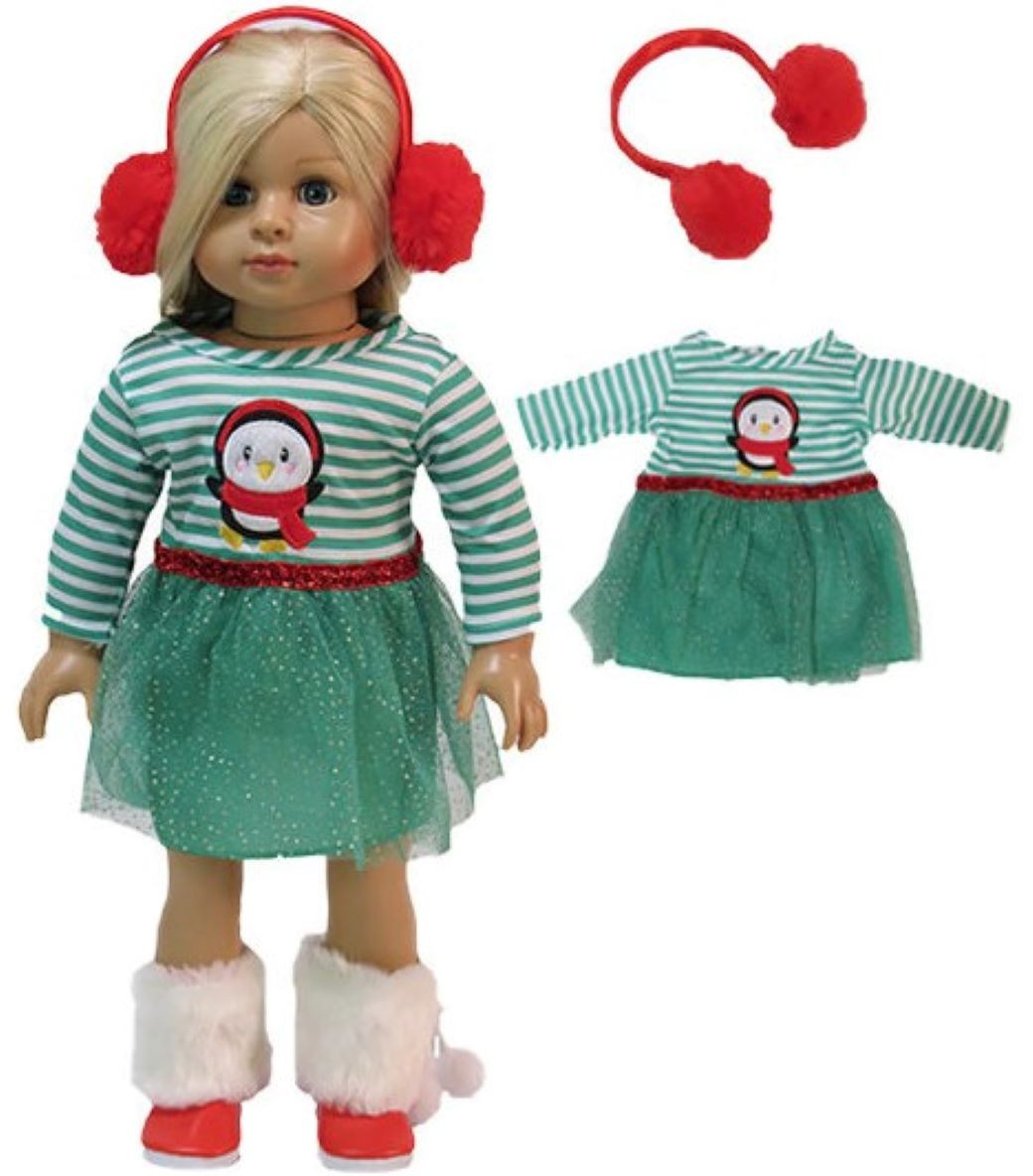 Christmas Penguin Dress and Red Earmuffs Dori s Doll Boutique