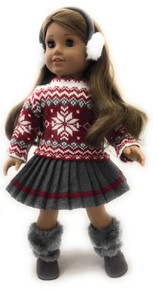 Snowflake Sweater, Gray Pleated Skirt, & Earmuffs