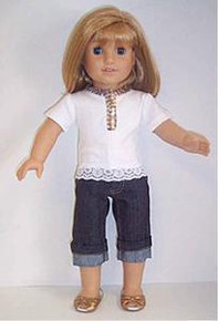 White Collared Top /& Denim Rolled Hem Capris for 18/" American Girl Doll Clothes