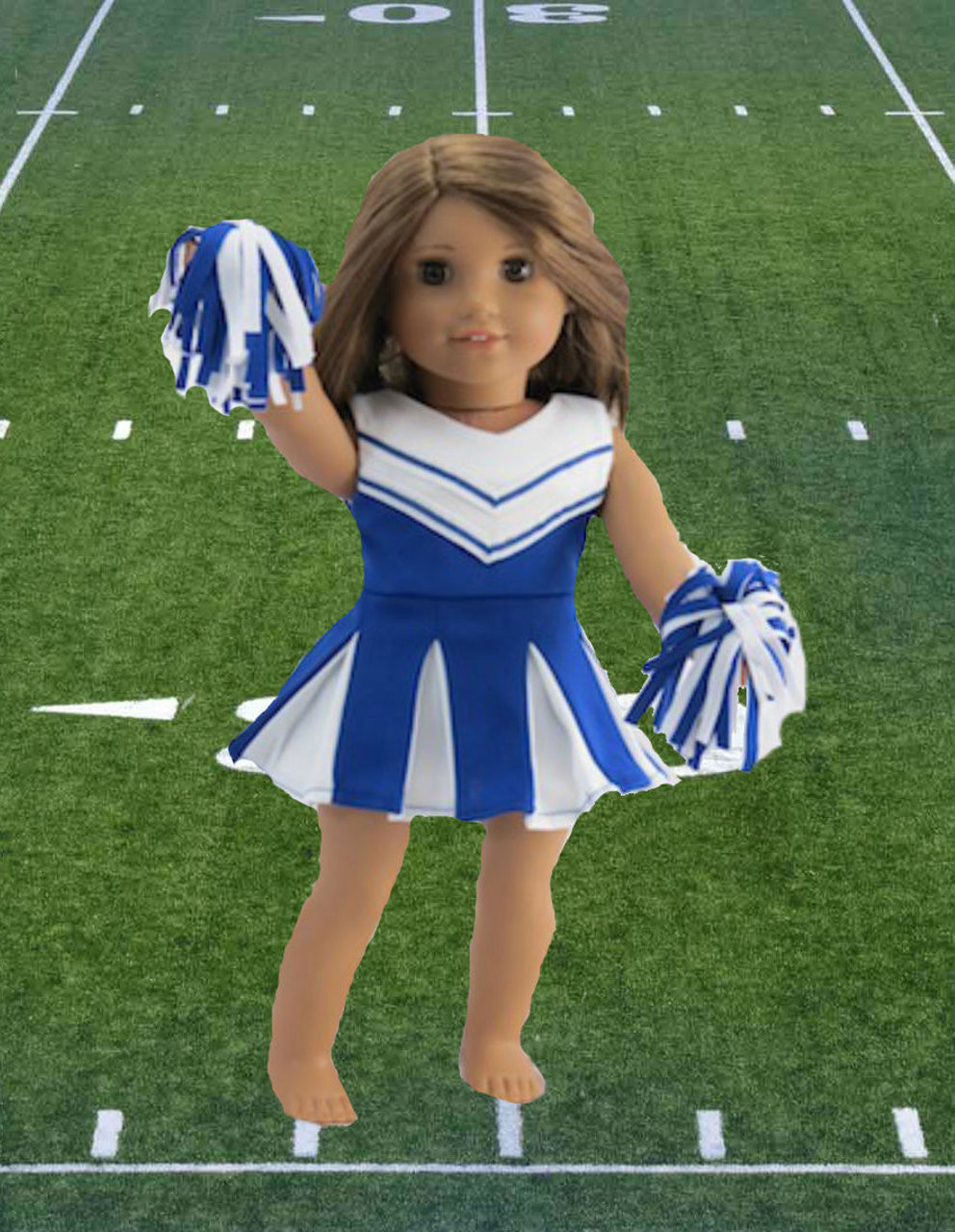 Cheerleader-Blue & White Dress with Panties & Pom Poms - Dori's Doll  Boutique