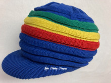 Knitted Large Peak Hat - Royal Blue/Rasta Colors (Ribbed)