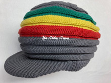 Knitted Large Peak Hat - Grey/Rasta Colors (Ribbed)