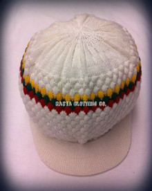Knitted Large Peak Hat With Rasta Stripes - White