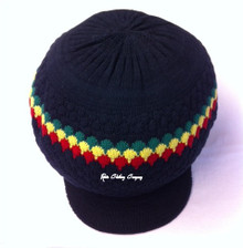 Knitted Large Peak Hat With Rasta Stripes - Blue