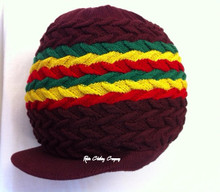 Knitted Large Peak Hat With Rasta Stripes - Burgundy