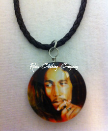 Bob Marley - 18" Black Braid Cord With Double Side Glass : Rasta Necklace (4)