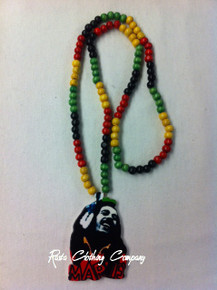 Bob Marley - 30" Wood Bead With Large Pendant : Rasta Necklace 