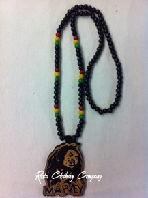 Bob Marley - 30" Wood Bead With 3" Black Pendant : Rasta Necklace 