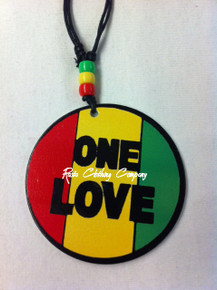 One Love - Leather Cord With Rasta Wood Pendant : Rasta Necklace 