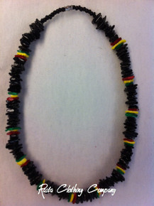 18" Black Chipped Puka Shell With Rasta Colors : Rasta Necklace 