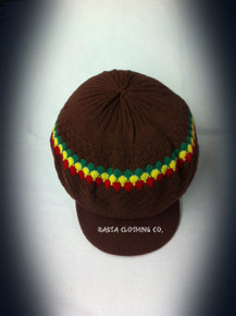 Knitted Large Peak Hat With Rasta Stripes - Brown