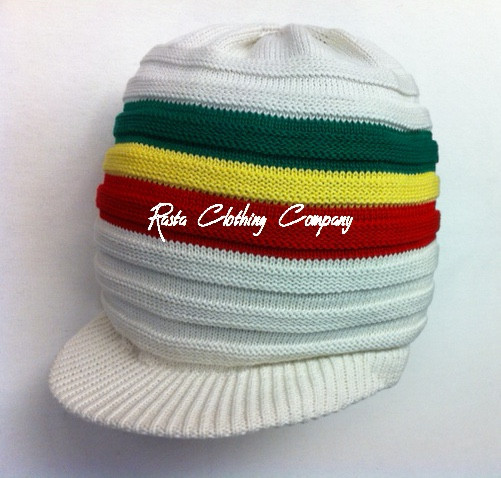 Knitted Large Peak Hat - White/Rasta 