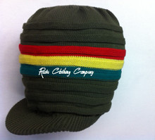 Knitted Large Peak Hat - Olive/Rasta Colors (Ribbed)