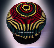 Knitted Rasta Large Peak Cap (Black With Red, Green & Gold Stripes)