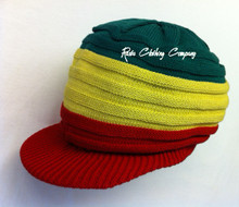Knitted Large Peak Hat - Red/Green/Gold (Ribbed)