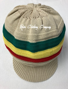 Knitted Large Peak Hat - Caramel/Rasta Colors (Ribbed)