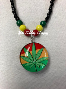 Marijuana Pot Weed Leaf - 24" Rasta Beads With Double Side Glass : Rasta Necklace 