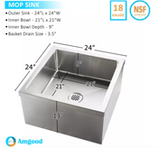 NEW 24" x 24" Floor Mop Sink 21 x 21 Bowl Stainless Steel NSF MS-242413 #3916