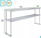 NEW 72x14 Double Over Shelf Stainless Steel 2 Tier NSF Storage #4171