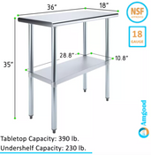NEW 18X36 Work Table NSF Stainless Steel Top Galvanized Bottom #5269