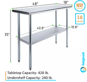 NEW 18X48 Work Table NSF Stainless Steel Top Galvanized Bottom #5270