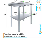 NEW 30X36 Work Table W/ 1.5" Backsplash NSF Stainless Steel Top Galvanized Bottom #5273