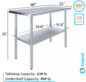 NEW 24X60 Work Table NSF Stainless Steel Top Galvanized Bottom #6983