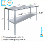 NEW 24X72 Work Table NSF Stainless Steel Prep Top Galvanized Bottom #6984
