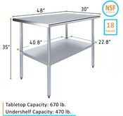 NEW 30X48 Work Table NSF Stainless Steel Prep Top Galvanized Bottom #7144