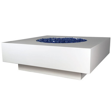Midway Square Fire Table (Glass-fiber reinforced concrete in White Solid Finish and Bali Blue Reflective Diamond Fire Glass)