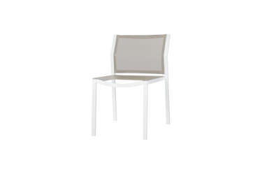 ALLUX Stackable Dining Side Chair - Powder-Coated Aluminum (white), Batyline Mesh Sling Seat/Back (light taupe)