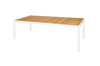 ALLUX Dining Table 86.5" x 39.5" - Powder-Coat Aluminum (white), Plantation Teak Straight Slats (smooth sanded)