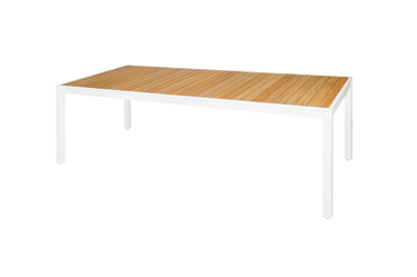 ALLUX Dining Table 86.5" x 39.5" - Powder-Coat Aluminum (white), Plantation Teak Straight Slats (smooth sanded)