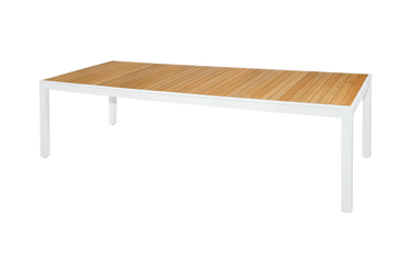 ALLUX Dining Table 106" x 39" - Powder-Coat Aluminum (white), Plantation Teak Straight Slats (smooth sanded)