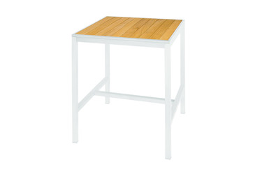ALLUX 31.5" x 31.5" Bar Table with Teak Top  - Powder-Coat Aluminum (white), Plantation Teak Straight Slats (smooth sanded)