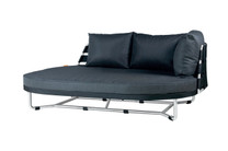 MEIKA Left Hand Daybed - Stainless Steel (hairline finish), Twitchell Leisuretex webbing upholstery (black), Sunbrella Canvas Cushions (coal)