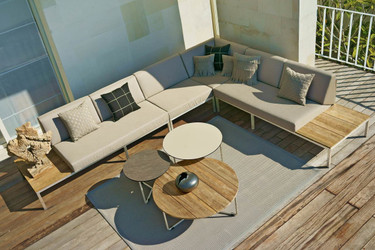POLLY Left & Right Hand Sectionals, Corner and Seat Modules (with MEIKA side, low, and coffee tables) - Stainless Steel (hairline finish), Sunbrella Canvas (taupe), Recycled Teak (brush wide slats)