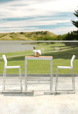 ZIX Bar Chairs with ZIX Teak Bar Table - Stainless Steel (hairline finish), Batyline Standard (white)