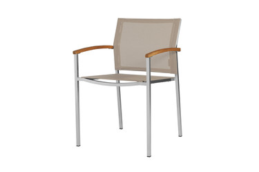 ZIX Stacking Armchair - Stainless Steel (hairline finish), Plantation Teak (smooth sanded), Batyline Standard (light taupe)