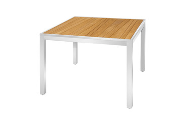 ZIX Dining Table 39.5" x 39.5" - Stainless Steel (hairline finish), Plantation Teak (smooth sanded, abstract pattern slats)